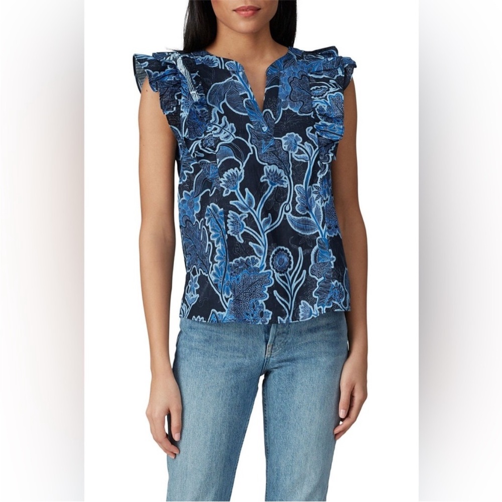 Parker Mindy Top Cotton Ruffle Sleeve Blue Floral Print‎ V-Neck Blouse size XS